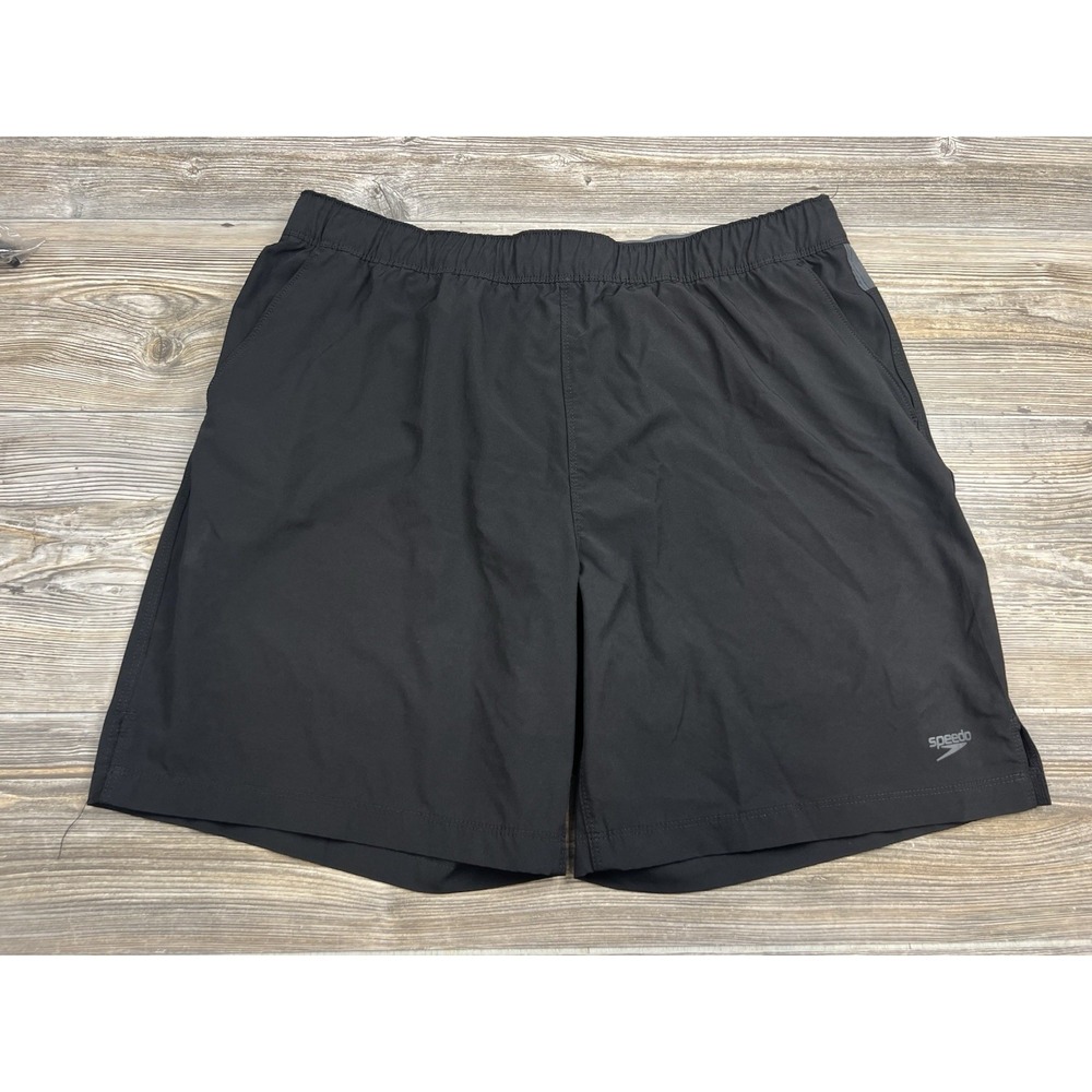 Speedo Swim Trunk Mens XL Black Gray Trim Pockets Lined Board Short Beach Volley